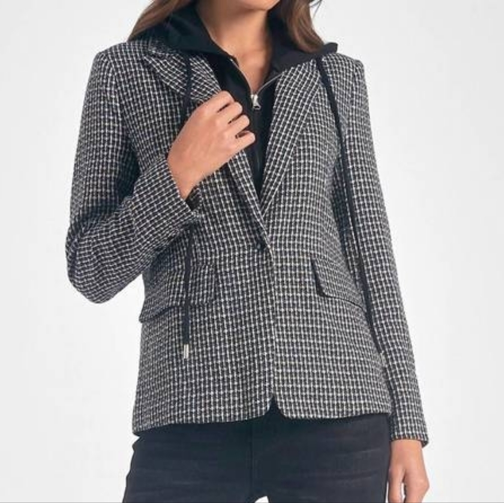 Elan Harper Hoodie Dickie Blazer, Black & White Plaid, Preppy Grunge, Sz Small.